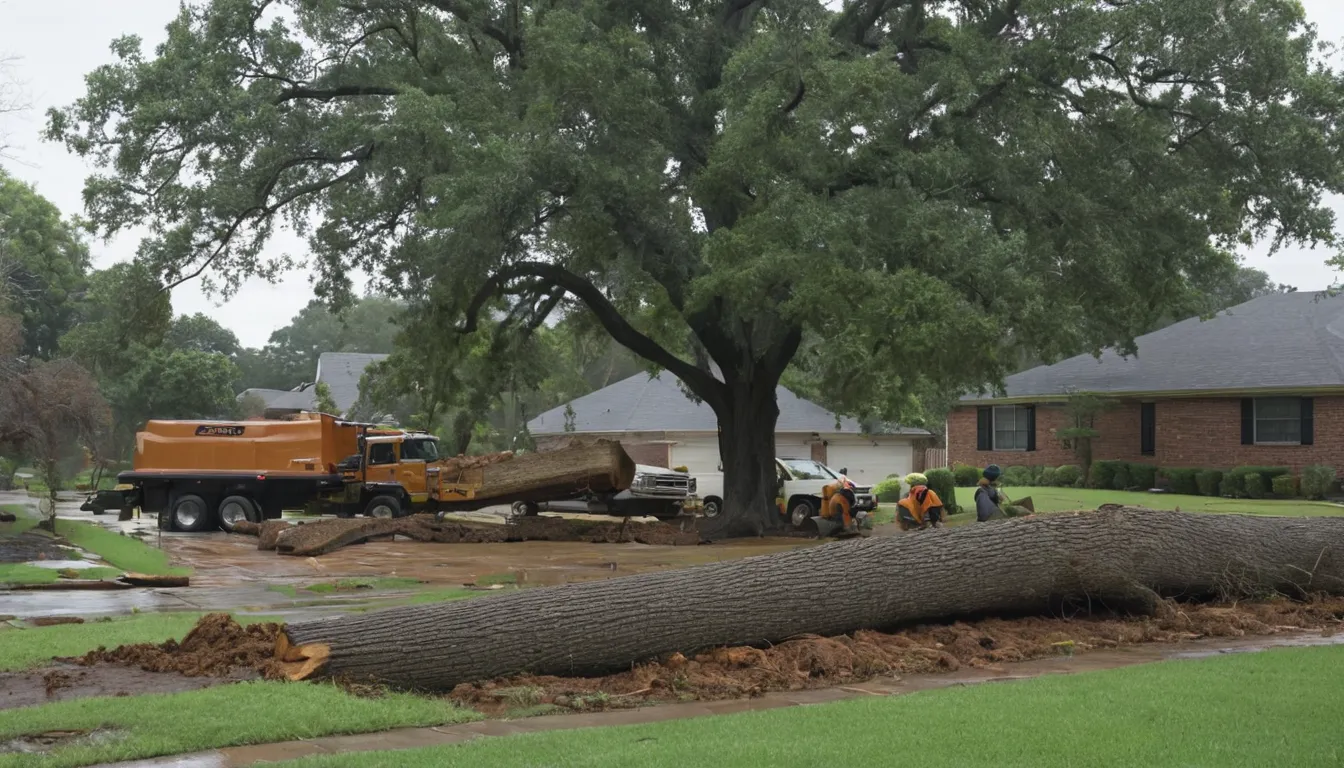 A local tree removal provider cutting a storm-fallen tree in a residential yard in DISH