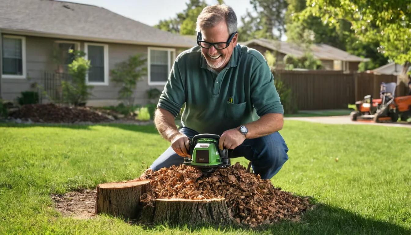 Stump grinder cutting an old tree stump in a residential yard in DISH